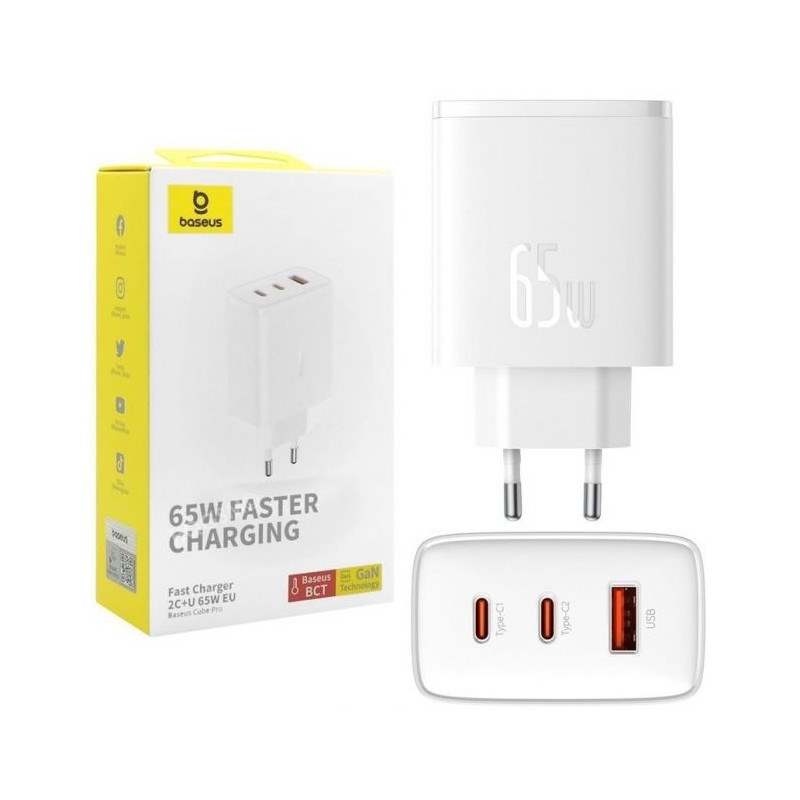 Baseus Chargeur Rapide USB et USB Type-C 65W Blanc Chargeur Secteur Reconditionné