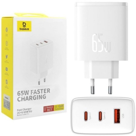 Baseus Chargeur Rapide USB et USB Type-C 65W Blanc Chargeur Secteur Reconditionné